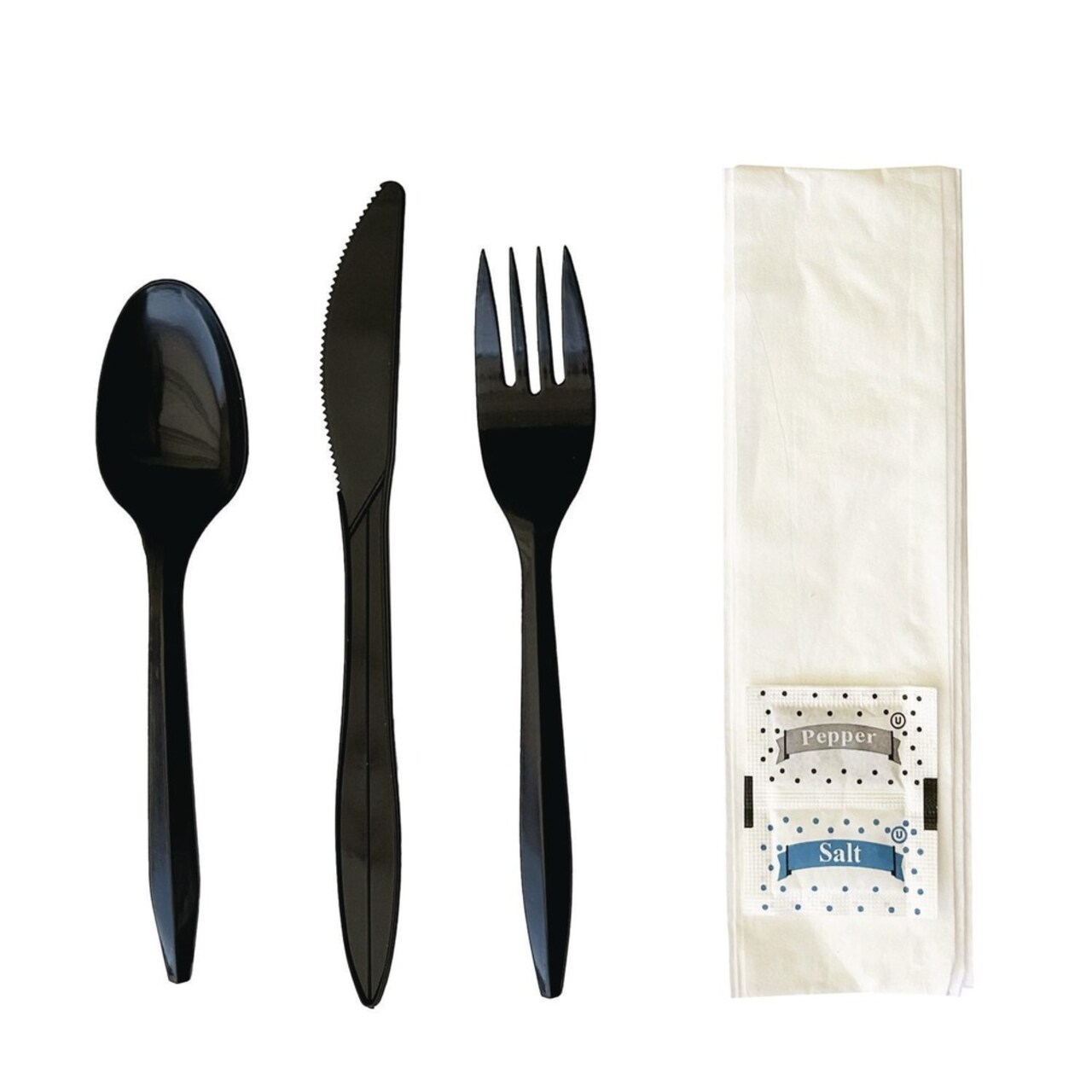 Boardwalk 6-Piece 5.86 in. Plastic Fork/Knife/Napkin/Pepper/Salt/Spoon Cutlery Kit - Black (250/Carton)